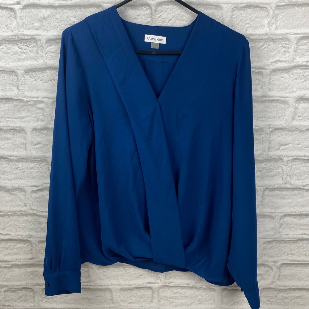 Calvin Klein Women's M Cobalt Blue V Neck Long Sleeve Blouse Workwear